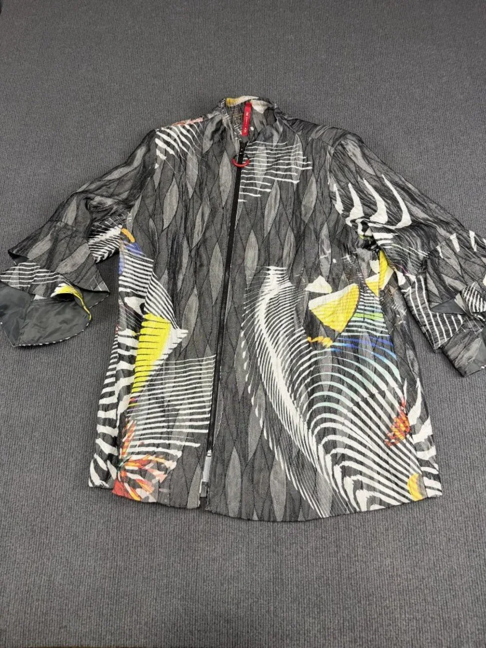 IC Collection Zip-Up Jacket With Ruffled Sleeves - Abstract Print - Womens XL